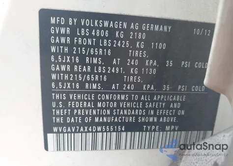 2013 Volkswagen Tiguan S z USA, uszkodzony, nr VIN WVGAV7AX4DW555154